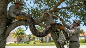 งูหลามพม่าหนัก 13 กก. โผล่ต้นไม้กลางชุมชนฟลอริดา เจ้าหน้าที่เร่งจับ