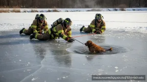 ช่วยสุนัขตกน้ำแข็ง วินาทีนักดับเพลิงโรดไอแลนด์บุกฝ่าน้ำแข็งช่วยชีวิต