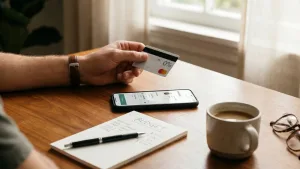 มือถือสมาร์ทโฟนหน้าจอชำระเงินและถือบัตรเครดิต มีสมุดจดบันทึกรายจ่ายเพื่อวางแผนก่อน ผ่อน 0% บัตรเครดิต บนโต๊ะทำงานแสงอบอุ่น