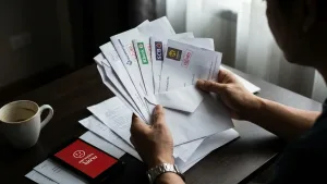 เอกสารปฏิเสธการสมัครบัตรกดเงินสดหลายใบและหน้าจอสมาร์ทโฟนที่แสดงผลไม่อนุมัติสินเชื่อบนโต๊ะทำงาน