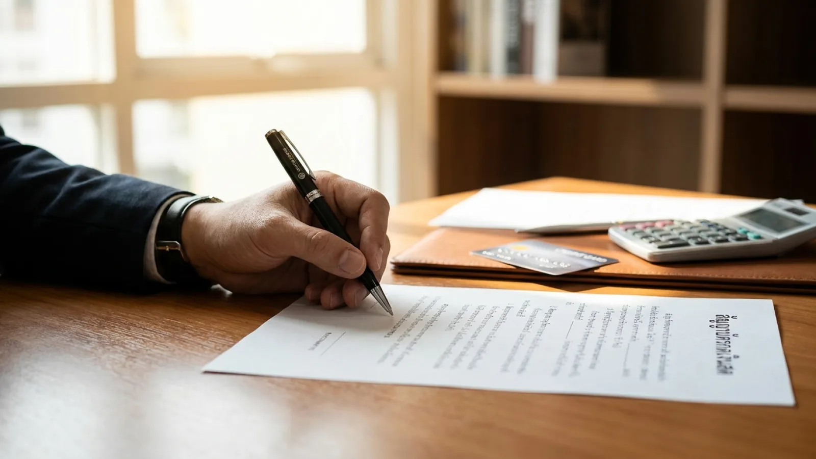 มือถือปากกาเตรียมเซ็นเอกสารสัญญาบัตรกดเงินสดบนโต๊ะทำงานไม้ มีเครื่องคิดเลขวางอยู่ด้านข้าง แสงธรรมชาติ