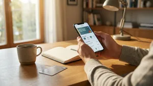 มุมทำงานบนโต๊ะไม้ มีสมาร์ทโฟนเปิดแอปธนาคารและบัตรกดเงินสดวางอยู่ข้างแก้วกาแฟ สำหรับคนที่หาว่าบัตรกดเงินสดธนาคารไหนดี