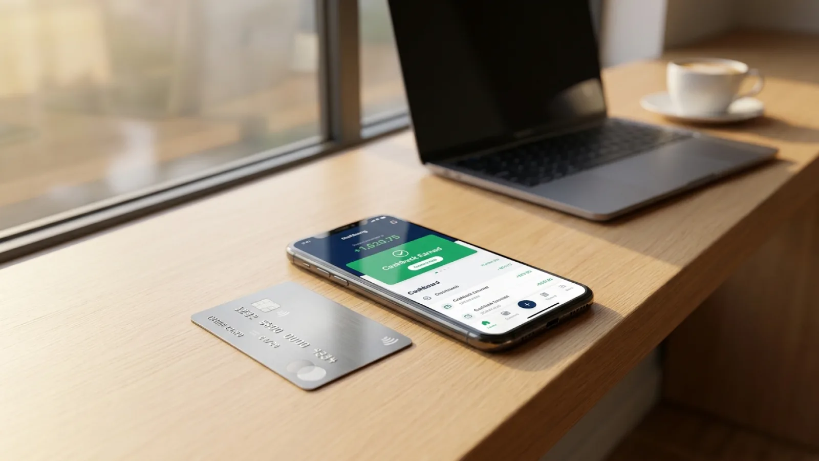 สมาร์ทโฟนแสดงหน้าจอยอดเงินคืนวางคู่กับบัตรเครดิต cashback บนโต๊ะทำงานไม้สไตล์มินิมอล แสงธรรมชาติ