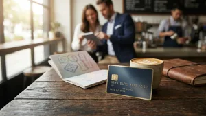 บัตรเครดิตพรีเมียมวางคู่กับพาสปอร์ตและแก้วกาแฟบนโต๊ะไม้ แสงธรรมชาติอบอุ่น สื่อถึงการสะสมแต้มบัตรเครดิตเพื่อการเดินทาง