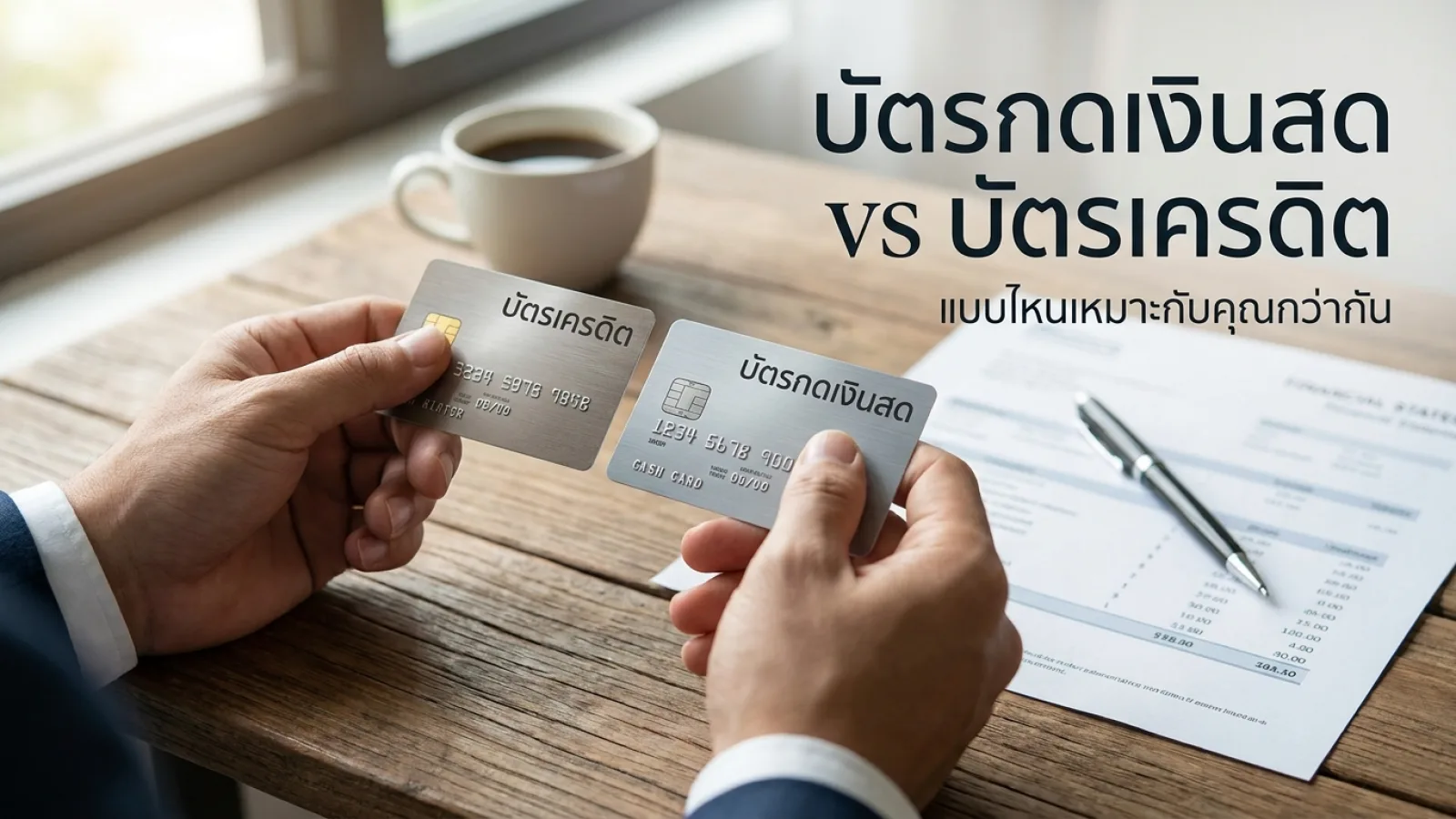 มือถือบัตรเครดิตและบัตรกดเงินสดเหนือโต๊ะทำงานไม้ เปรียบเทียบ บัตรกดเงินสด vs บัตรเครดิต พร้อมเอกสารการเงิน