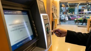 มือถือบัตรเครดิตเตรียมสอดเข้าตู้เอทีเอ็มเพื่อกดเงินสดบัตรเครดิต ในบรรยากาศหน้าธนาคารที่ดูทันสมัย