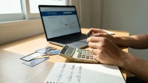 เครื่องคิดเลขและสมุดบันทึกบนโต๊ะทำงานไม้ แสดงถึงการวางแผนการเงินเพื่อหลีกเลี่ยงการจ่ายขั้นต่ำบัตรเครดิต