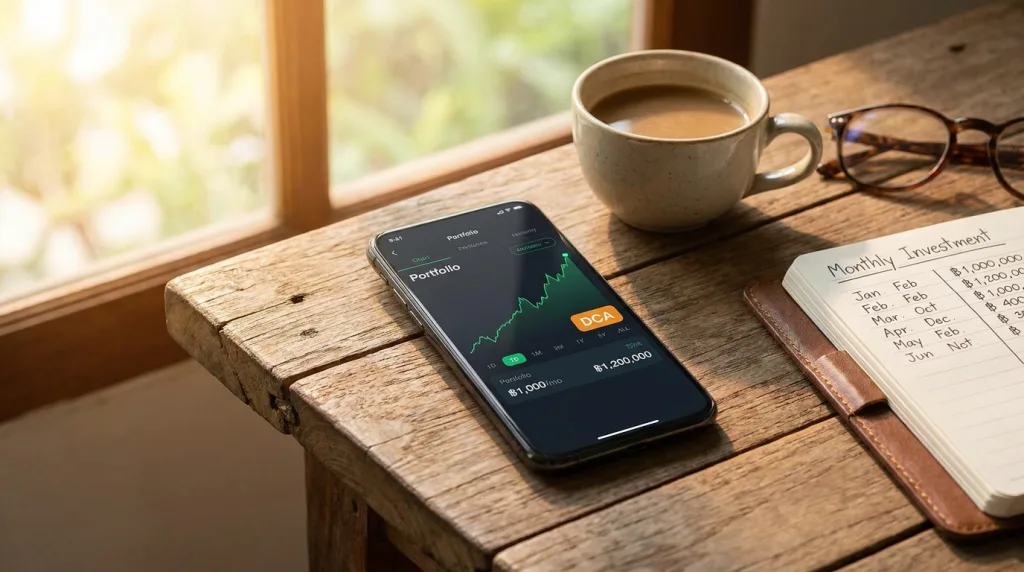 หน้าจอสมาร์ทโฟนแสดงกราฟพอร์ต หุ้น DCA ที่เติบโต