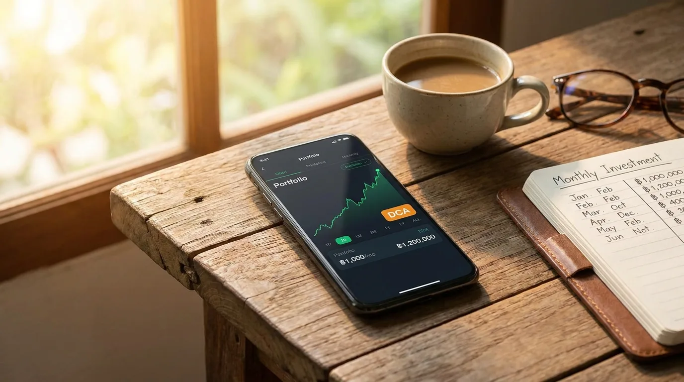 หน้าจอสมาร์ทโฟนแสดงกราฟพอร์ต หุ้น DCA ที่เติบโต