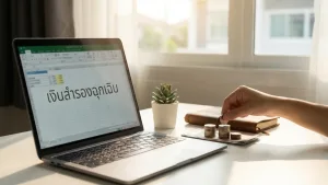 โต๊ะทำงานที่มีแล็ปท็อป สมุดโน้ต และเหรียญที่จัดเรียงอย่างเป็นระเบียบ สื่อถึงการวางแผนเงินสำรองฉุกเฉินอย่างมั่นคง