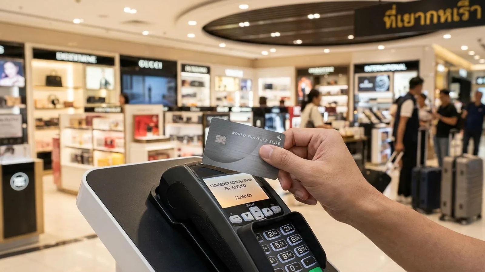 นักท่องเที่ยวถือบัตรเครดิตต่างประเทศเตรียมแตะชำระเงินที่เครื่องรูดบัตรในร้านค้าสนามบิน แสงไฟอบอุ่น