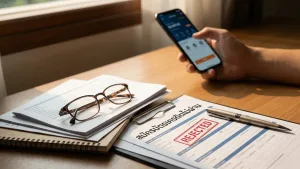 เอกสารทางการเงินและแบบฟอร์มบนโต๊ะทำงาน แว่นตาและปากกา สะท้อนปัญหาการสมัครบัตรเครดิตไม่ผ่าน