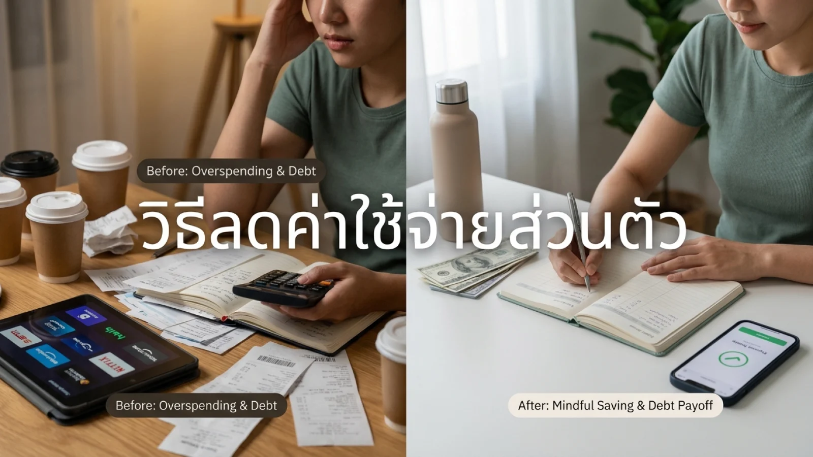 สมุดบันทึกรายรับรายจ่าย เครื่องคิดเลข และสมาร์ทโฟนบนโต๊ะไม้ สำหรับหาวิธีลดค่าใช้จ่ายส่วนตัว
