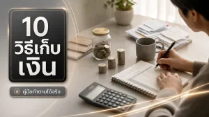 สมุดบันทึกการเงินวางคู่กับเครื่องคิดเลขและกระปุกออมสินบนโต๊ะทำงาน เพื่อวางแผน 10 วิธีเก็บเงิน สื่อถึงการจัดสรรรายได้อย่างเป็นระบบ