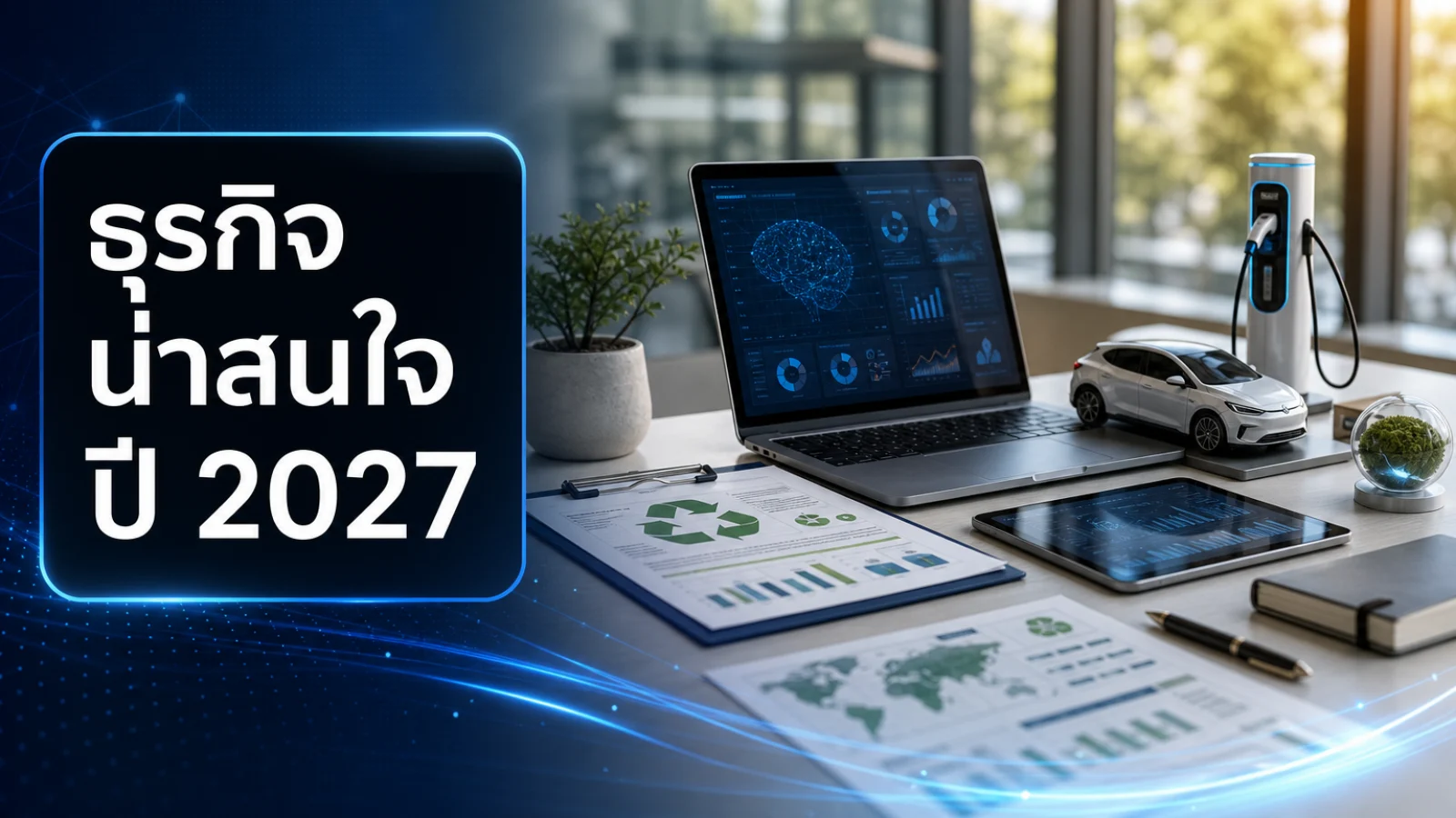 นักลงทุนกำลังวิเคราะห์กราฟและแผนภูมิแนวโน้มธุรกิจน่าสนใจ ปี 2027 บนหน้าจอคอมพิวเตอร์ในห้องทำงานทันสมัย