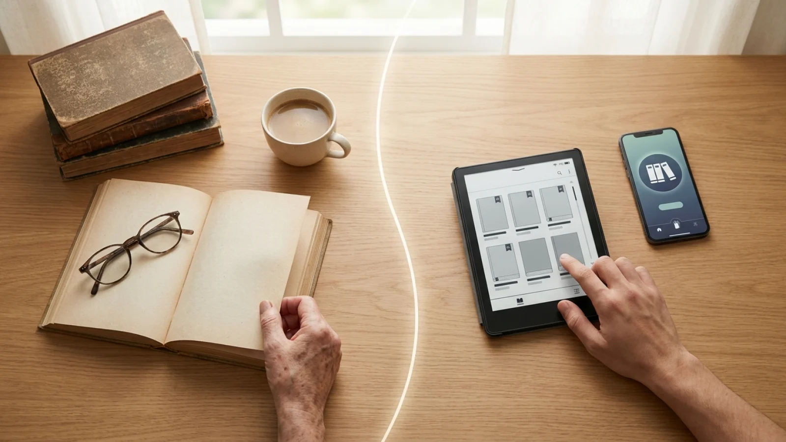 อุปกรณ์ E-reader วางพิงบนโต๊ะไม้ข้างแก้วกาแฟ หน้าจอแสดงผลชั้นวางหนังสือดิจิทัล — ธุรกิจ E-Book