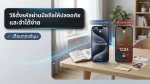 มือถือสมาร์ทโฟนแสดงหน้าจอสำหรับกรอกรหัสผ่าน วางอยู่บนโต๊ะทำงานไม้ เป็นภาพประกอบวิธีตั้งรหัสผ่านมือถือให้ปลอดภัย