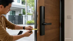 แสดง Digital Lock ที่ติดตั้งบนประตูบานเปิดจริง