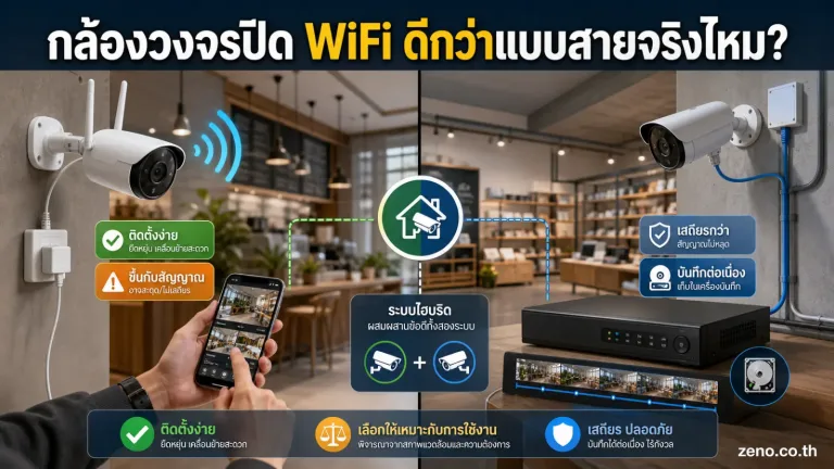 แสดง กล้องวงจรปิด WiFi ที่ยังมีสายไฟเลี้ยงอย่างชัดเจน