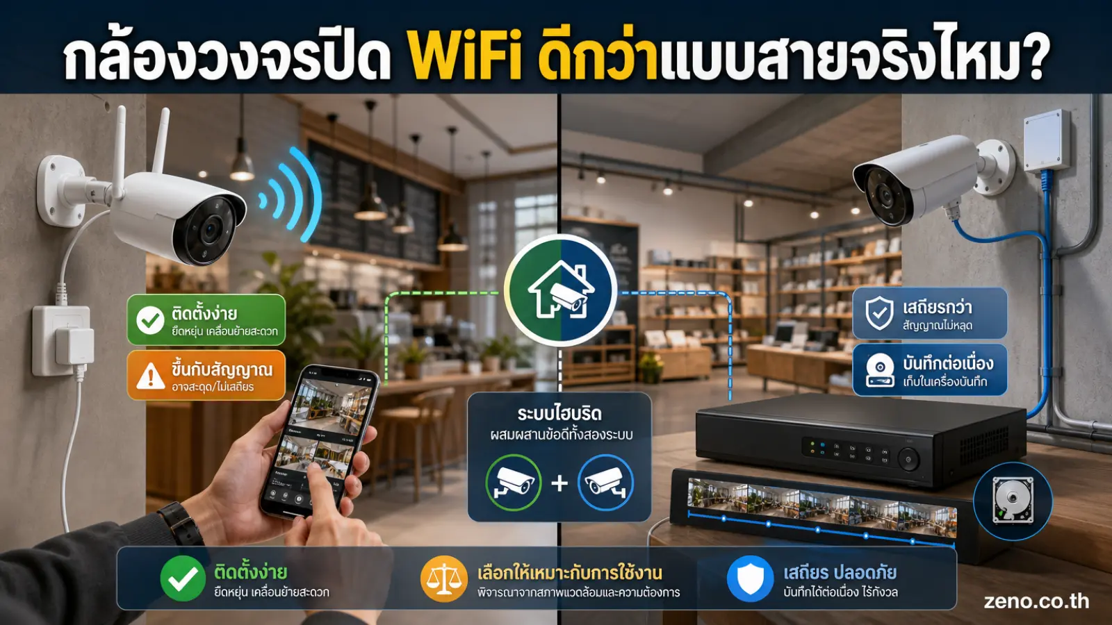 แสดง กล้องวงจรปิด WiFi ที่ยังมีสายไฟเลี้ยงอย่างชัดเจน