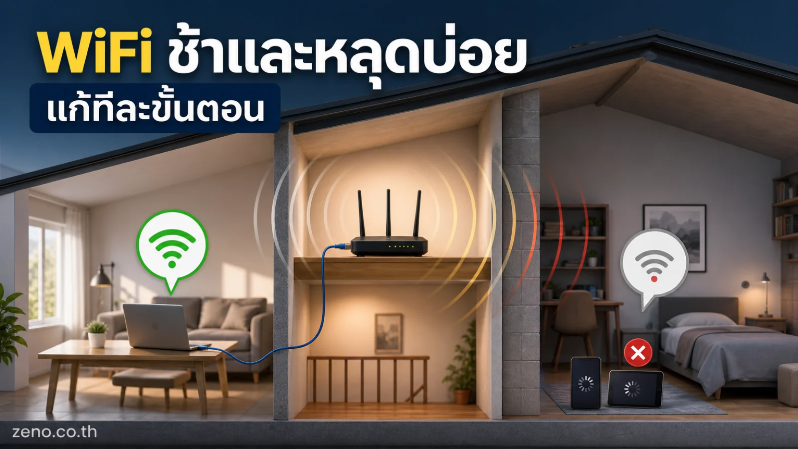 แก้ปัญหา WiFi ช้าและหลุดบ่อย ทำตามทีละขั้นตอน — ภาพประกอบที่สรุปประเด็นสำคัญของเนื้อหา
