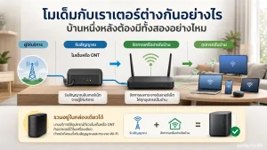โมเด็มกับเราเตอร์ แสดง อุปกรณ์รับสัญญาณจากผู้ให้บริการที่มีสายภายนอกเข้าสู่ตัวเครื่อง