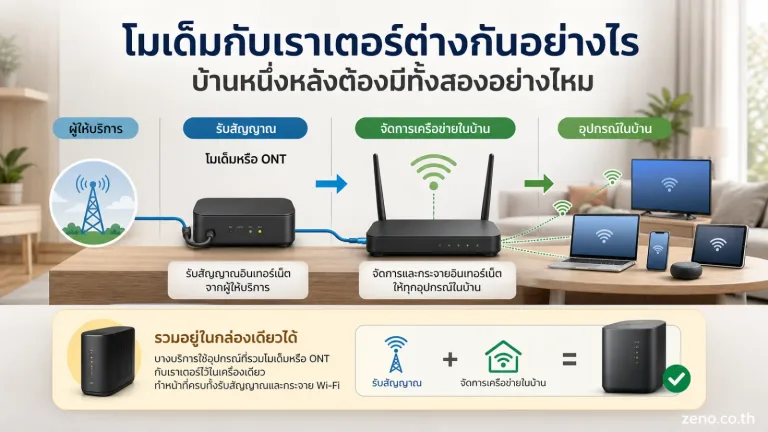 โมเด็มกับเราเตอร์ แสดง อุปกรณ์รับสัญญาณจากผู้ให้บริการที่มีสายภายนอกเข้าสู่ตัวเครื่อง