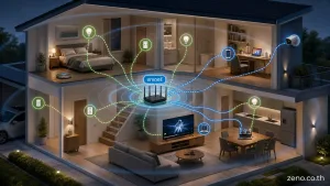 เราเตอร์สำหรับ IoT แสดง บ้านหลายห้องหรือ 2 ชั้นที่ทำให้เรื่องระยะและจุดใช้งานมีความหมาย