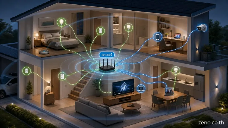 เราเตอร์สำหรับ IoT แสดง บ้านหลายห้องหรือ 2 ชั้นที่ทำให้เรื่องระยะและจุดใช้งานมีความหมาย