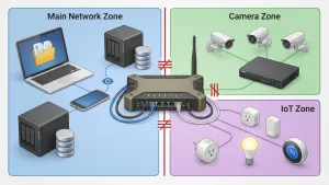 แยกเครือข่าย IoT แสดง สามโซนเครือข่ายที่แยกขาดกันอย่างเห็นได้ทันที: เครือข่ายหลัก, กล้อง, IoT