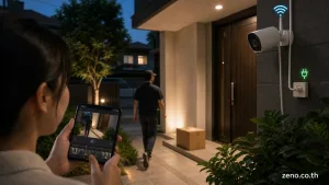 กล้องวงจรปิด wifi แสดง กล้องวงจรปิด Wi‑Fi แบบทั่วไปที่ติดตั้งในตำแหน่งใช้งานจริงใกล้ทางเข้าบ้าน