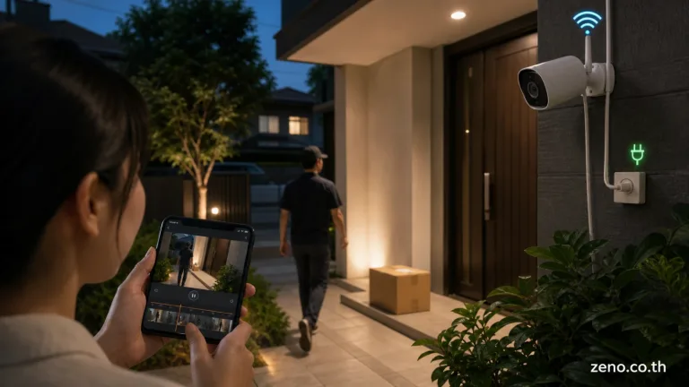 กล้องวงจรปิด wifi แสดง กล้องวงจรปิด Wi‑Fi แบบทั่วไปที่ติดตั้งในตำแหน่งใช้งานจริงใกล้ทางเข้าบ้าน